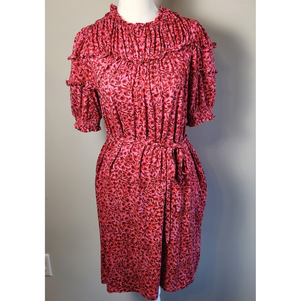 Boden Pink Floral Smocked Dress Women's Size 4R Short Sleeve Belted Tie Waist‎